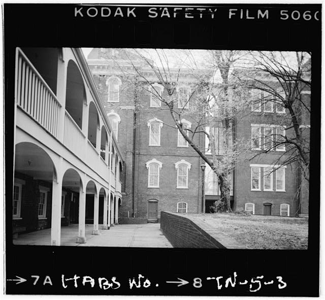 Arcade and rear buildings connected by glass connector - Tennessee School for the Deaf, Summit Hill Drive & Broadway, Knoxville, Knox County, TN (1983)