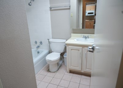 bathroom tub, toilet and sink