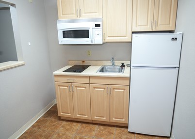 kitchen with fridge, stovetop, sink and microwave