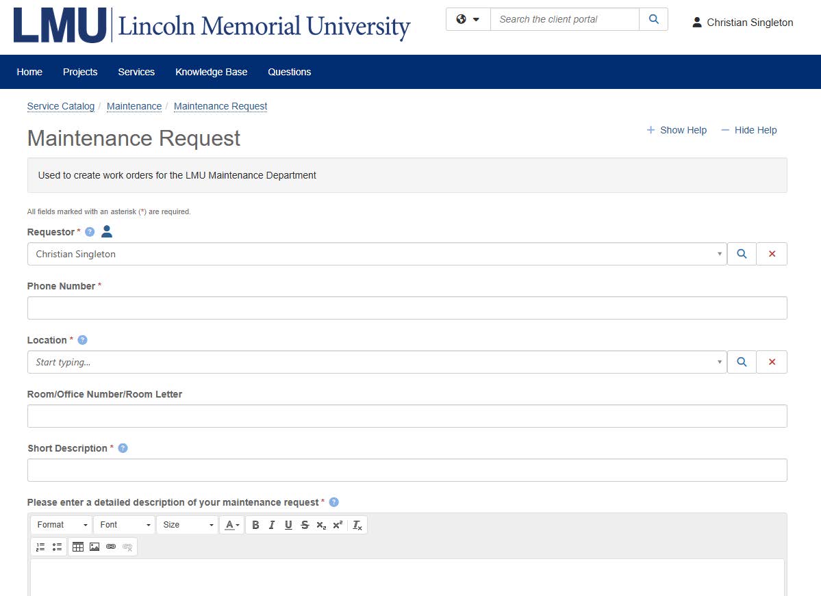 Maintenance Request form with the Submit button highlighted in red